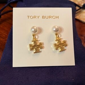 Tory Burch Millgrain Gold and White Logo Drop Earrings